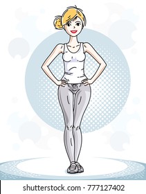 Young beautiful blonde athletic woman posing. Vector illustration of attractive female wearing leggings and T-shirt.  Active and healthy lifestyle theme cartoon.