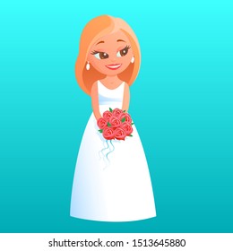 Young beautiful blonde bride. Stands in a white wedding dress with a bouquet of red roses. A happy smile is on her face. Vector cartoon illustration on a blue background.