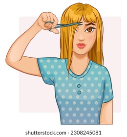 Young beautiful blonde girl cuts her bangs with scissors, vector illustration, eps10