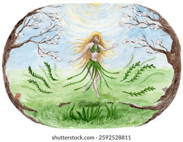 Jovem e bela menina loira dançando entre duas árvores florescentes em uma grama verde, sob a luz do sol. Mulher-divindade, Mãe Natureza, seca, espírito de primavera, abril. Ilustração do vetor aquarela.