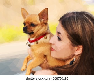 Young beautiful blonde girl and red chihuahua dog looking into the distance in low poly style. Outdoor portrait in soft sunny colors
