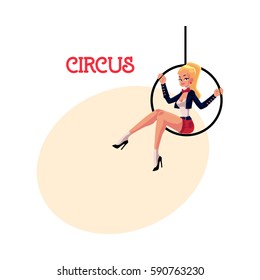 Young and beautiful blonde gymnast sitting on aerial hoop, cartoon vector illustration with place for text. Beautiful circus artist, acrobat, gymnast sitting on aerial hoop