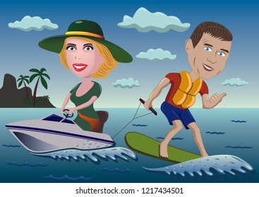 a young and beautiful blonde and her boyfriend ride through the azure waves of the ocean on a fast boat and surf. Happy and purposeful woman and sports guy actively relax.