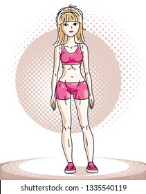 Young beautiful blonde slim woman adult standing. Vector illustration of nice lady wearing pink shorts. Work out and training theme.