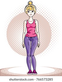 Young beautiful blonde slim woman adult standing. Vector illustration of nice lady wearing pink leggings and T-shirt. Work out and training theme.