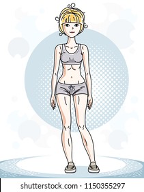 Young beautiful blonde sporty woman standing. Vector character wearing shorts. Sport and fitness theme.