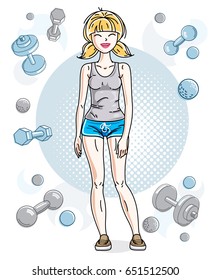 Young beautiful blonde sporty woman standing on simple background with dumbbells and barbells. Vector character wearing shorts and T-shirt. Sport and fitness theme.