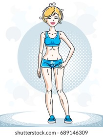 Young beautiful blonde sporty woman standing. Vector character wearing shorts. Sport and fitness theme.