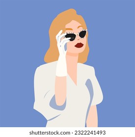 A young beautiful blonde with sunglasses. Vector illustration of the concept of summer vacation. Portrait of a woman on an isolated blue background in retro style. Lady in white dress and gloves