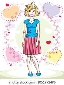 Young beautiful blonde woman adult standing on colorful background with Valentine hearts in modern casual clothes. Vector nice lady illustration.