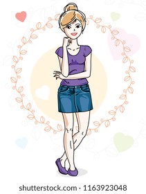 Young beautiful blonde woman adult standing on colorful background with Valentine hearts in modern casual clothes. Vector nice lady illustration.