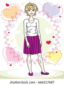 Young beautiful blonde woman adult standing on colorful background with Valentine hearts in modern casual clothes. Vector nice lady illustration.