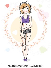 Young beautiful blonde woman adult standing on colorful background with Valentine hearts in modern casual clothes. Vector nice lady illustration.