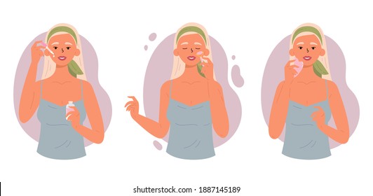 Young beautiful blonde woman with bottle of face serum, facial gua sha stone and roller. Facial yoga. Woman massaging her face. Anti-aging skin care method. Vector flat illustration. 