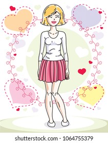 Young beautiful blonde woman posing on bright background with loving hearts and wearing casual clothes. Vector attractive female illustration. Valentine day theme cartoon.