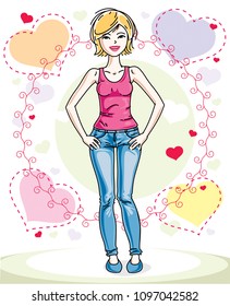 Young beautiful blonde woman posing on bright background with loving hearts and wearing casual clothes. Vector attractive female illustration. Valentine day theme cartoon.