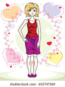 Young beautiful blonde woman posing on bright background with loving hearts and wearing casual clothes. Vector attractive female illustration. Valentine day theme cartoon.