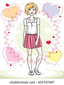 Young beautiful blonde woman posing on bright background with loving hearts and wearing casual clothes. Vector attractive female illustration. Valentine day theme cartoon.
