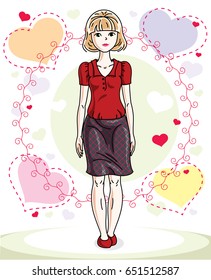 Young beautiful blonde woman standing on colorful backdrop with romantic hearts and wearing casual clothes. Vector character.