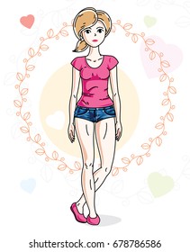 Young beautiful blonde woman standing on colorful backdrop with romantic hearts and wearing casual clothes. Vector character.