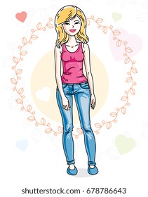 Young beautiful blonde woman standing on colorful backdrop with romantic hearts and wearing casual clothes. Vector character.