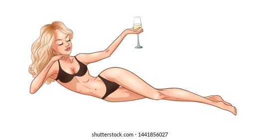 Young beautiful blonde woman in swimsuit holding a champagne glass. Summer holidays party girl. Glamour pin-up model. Vector comic illustration