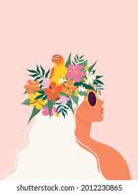 Young Beautiful Blonde Woman with Tropical Flower Wreath in Her Hair, Portrait of Elegant Smiling Girl with Floral Wreath Vector Illustration