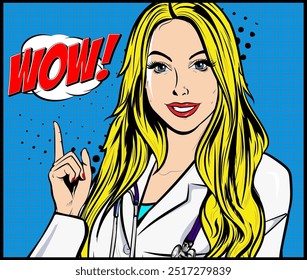 Mujer rubia hermosa joven que lleva el uniforme del médico y el estetoscopio que muestra y que señala hacia arriba con el dedo que señala el número uno mientras que sonríe confiada y feliz. Wow, edita el texto. Vector de cómic de arte Pop