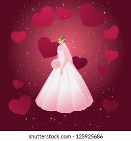 the young beautiful bride with a bouquet, on a red background with hearts and spangles