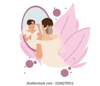 A young and beautiful bride does makeup near the mirror. Morning of the bride. Flat vector illustration