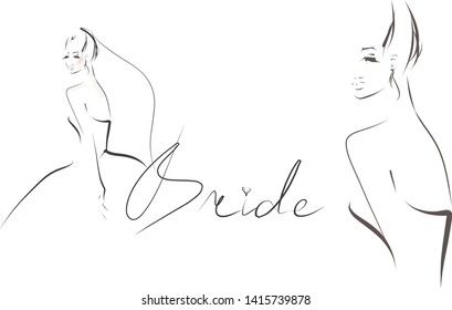 Young beautiful bride in dress. Hand-drawn fashion illustration. Sketch, vector