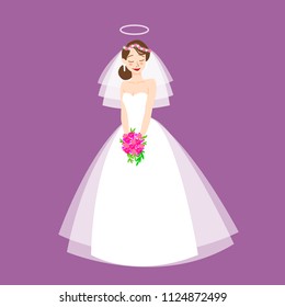 Young beautiful bride is in an elegant wedding dress. Vector illustration for your design.Invitation, greeting card, template for the bride show.