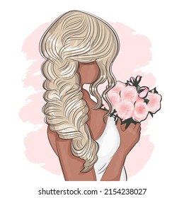 Young beautiful bride in an elegant wedding dress and a bouquet of roses with luxurious hair, Vector illustration for your design, Invitation, greeting card, template, textile print