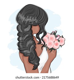 Young beautiful bride in an elegant wedding dress and a bouquet of roses with luxurious hair, Vector illustration for your design, Invitation, greeting card, template, textile print