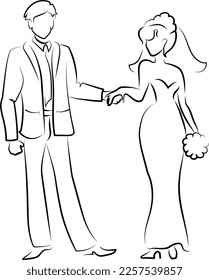 A young beautiful bride in a veil and with a bouquet of flowers in her hand and a slender and elegant groom. He is holding her hand. Black outline. Scheme, logo.