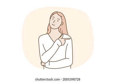 Young beautiful brunette businesswoman smiling pointing finger in side. Hand drawn style vector design illustrations.