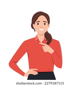 Young beautiful brunette businesswoman smiling pointing finger in side. Flat vector illustration isolated on white background