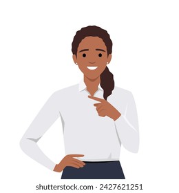 Young beautiful brunette businesswoman smiling pointing finger in side. Flat vector illustration isolated on white background