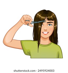 Young beautiful brunette girl cuts her bangs with scissors, vector illustration, eps10