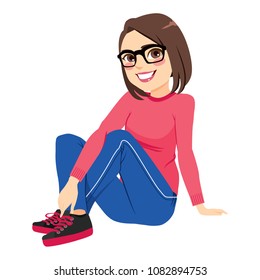 Young beautiful brunette girl with glasses smiling happy sitting on floor