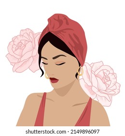 A young beautiful brunette girl in a red handkerchief and a dress. Summer fashion image. Vector illustration social networks, air regiment. Hairstyles with a scarf. Fashionable gold jewelry. headscarf