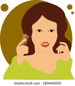 young beautiful brunette girl in a sweater with freckles and big lips combs her hair with a comb. vector illustration isolated
