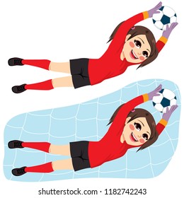 Young beautiful brunette happy face expression soccer player girl defending goal keeper net catching ball