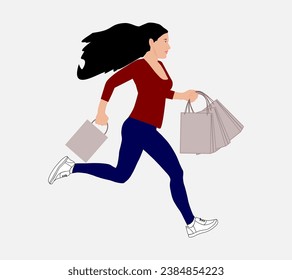 Young beautiful brunette runs with shopping.