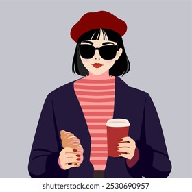 Uma jovem morena bonita com um corte de cabelo curto em uma boina vermelha toma café com um croissant. Estilo de roupa francês. Menina na moda em óculos de sol com uma xícara de bebida quente, chá, café e um pão