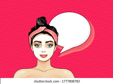  Young Beautiful Brunette Woman Makes A Homemade Natural White Clay Face Mask by Using Natural Skin Care Products vector illustration in pin-up or comic style