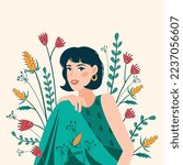Young beautiful brunette woman with short haircut with wildflowers. A flirtatious girl with a gentle smile in a green dress. Vector portrait of a beautiful girl in a flat style with flowers.