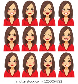 Young beautiful brunette woman with twelve different facial expressions