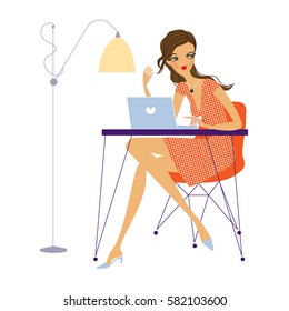 Young beautiful brunette woman wearing polka dot dress working at the laptop computer at the table from home. Self isolation Vector illustration.