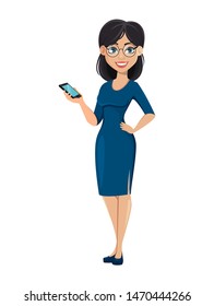 Young beautiful business woman in blue dress. Cute female cartoon character businesswoman holds smartphone. Vector illustration on white background